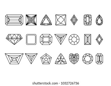 Collection of gems and gemstones. Types of diamond cutting. A set of jewels. Jewelry, jewelery and precious stones. Isolated Vector Illustration.