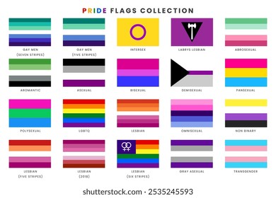 Colección de banderas de orgullo de identidad de género. Ilustración vectorial de banderas de identidad sexual.