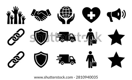 Collection of general business and commerce related vector icons. Features symbols like raised hands, a handshake, a globe held by hands, a medical heart, a megaphone, a chain link, a shield, a delivery truck, and a walking man with a shopping bag. Includes star rating icons. Concepts of community, security, and logistics.