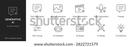 Collection of generative AI outline icons representing text image and video generation AI assistant and more. This vector illustration is ideal for tech and AI related presentations.