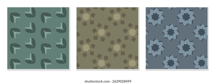 Collection of geo floral printable patterns.Pastel color geometry background ideas for textiles, home decor, laminates, posters, wall papers. Vector illustrations. 