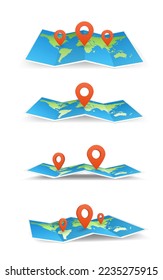 Collection of geography maps. Foldable world map with place mark pined. Fold paper leaflet of topography map. Touristic equipment realistic cartoon vector illustration dots pointer. Sheet of paper set