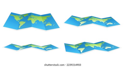 Collection of geography maps. Full big foldable world map with perspective view. Fold paper leaflet of topography map. Touristic equipment realistic cartoon vector illustration. Sheet of paper set.