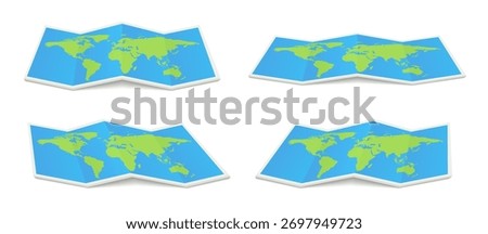 Collection of geography maps. Full big foldable world map with perspective view. Fold paper leaflet of topography map. GPS navigation icon sig. Vector illustration