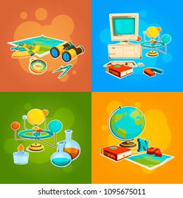 Collection of geography and science tools. Astronomy study, binoculars and compass, sextant instrument. Vector illustration
