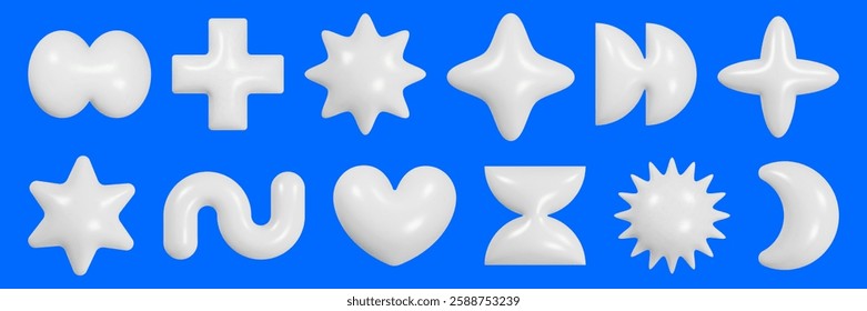 Collection of geometric 3D figures with a glossy plastic texture arranged on a blue background showcasing creativity in design and form.