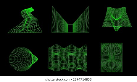 A collection of geometric 3D wireframe shapes and meshes in neon green. Vector. Graphic shapes for graphic design.