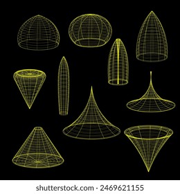 A collection of geometric and abstract 3D wireframe shapes in neon yellow. Vector. Graphic shapes for graphic design.
