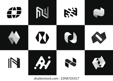 Collection of geometric abstract designs featuring the letter N. This set of vector icons includes multiple abstract logos.