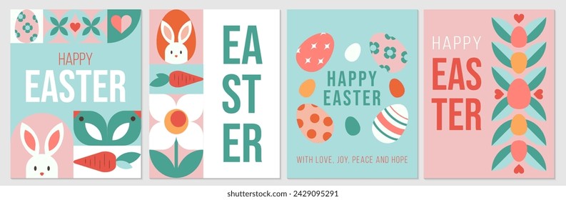 A collection of geometric abstract posters, greeting cards, banners, holiday covers for Happy Easter day. The trendy vector illustrations with bunnies, Easter eggs, flowers, simple forms and text.