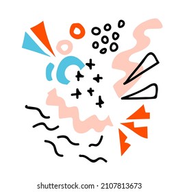 Collection of geometric abstract shapes and lines. Geometric Triangle, Bubble, Shape, Arc, Curve, Plus. Doodle and flat design elements. For decorating cards, posters, banners, stickers and more.