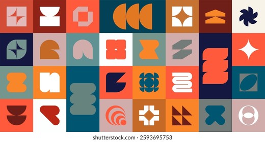 Collection of geometric, abstract shapes and symbols, inspired by Bauhaus, modernism, brutalism, minimalism, and Swiss style.
