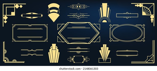 Collection of geometric art deco ornament. Luxury gold decorative elements with different line, shape, ornate corner, borders. Set of elegant design suitable for card, invitation, poster, wedding.