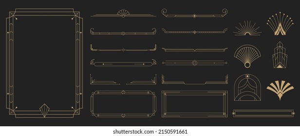 Collection of geometric art deco ornament. Luxury golden decorative elements on dark background with different line, shape, ornate corner, borders. Set of elegant design for card, invitation, poster.