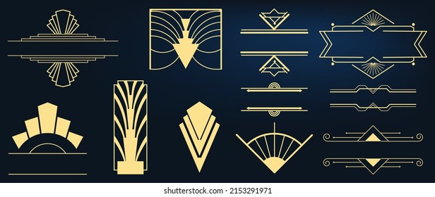 Collection of geometric art deco ornament. Luxury golden decorative elements with ornate corner, borders, frames, headers, dividers. Set of elegant design suitable for card, invitation, poster.