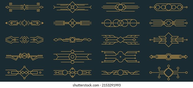 Collection of geometric art deco ornament. Luxury golden decorative elements with different shapes, borders, frames, headers dividers. Set of elegant design suitable for card, invitation, poster.