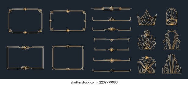 Collection of geometric art deco ornament. Luxury golden decorative elements with different lines, frames, headers, dividers and borders. Set of elegant design suitable for card, invitation, poster.