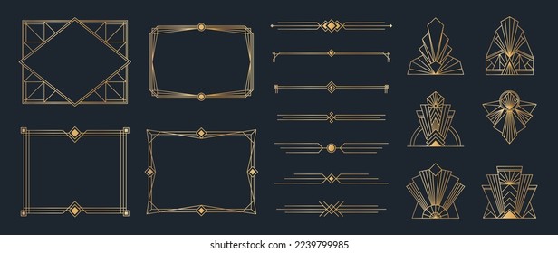 Collection of geometric art deco ornament. Luxury golden decorative elements with different lines, frames, headers, dividers and borders. Set of elegant design suitable for card, invitation, poster.