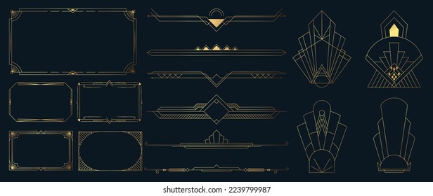 Collection of geometric art deco ornament. Luxury golden decorative elements with different lines, frames, headers, dividers and borders. Set of elegant design suitable for card, invitation, poster.