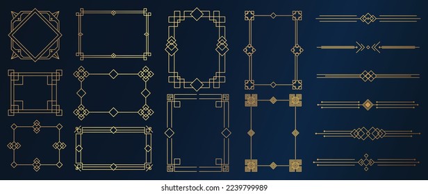 Collection of geometric art deco ornament. Luxury golden decorative elements with different lines, frames, headers, dividers and borders. Set of elegant design suitable for card, invitation, poster.
