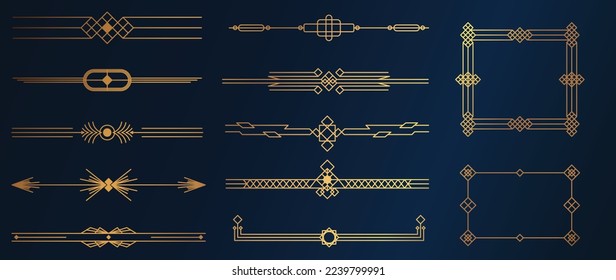 Collection of geometric art deco ornament. Luxury golden decorative elements with different lines, frames, headers, dividers and borders. Set of elegant design suitable for card, invitation, poster.