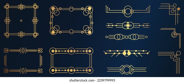 Collection of geometric art deco ornament. Luxury golden decorative elements with different lines, frames, headers, dividers and corners. Set of elegant design suitable for card, invitation, poster.
