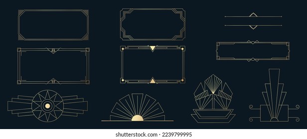 Colección de adorno de arte geométrico de la deco. Lujosos elementos decorativos dorados estilo vintage con diferentes líneas, marcos, cabeceras, banner. Conjunto de diseño elegante adecuado para tarjeta, invitación, afiche.