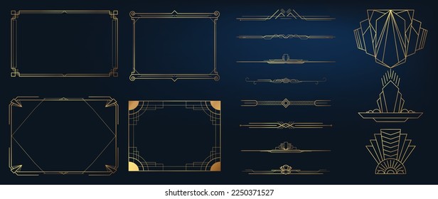 Collection of geometric art deco ornament. Luxury golden decorative elements with different lines, frames, headers, divider and border. Elegant vector set design for card, invitation, poster, banner.