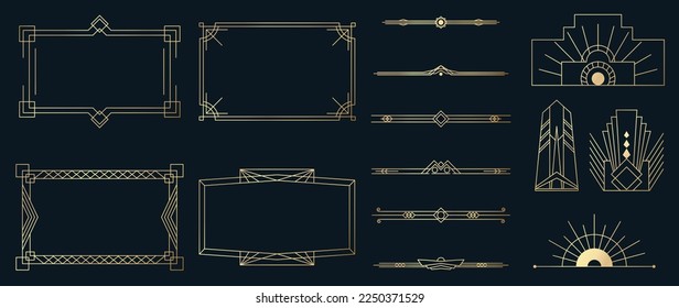 Collection of geometric art deco ornament. Luxury golden decorative elements with different lines, frames, headers, divider and border. Elegant vector set design for card, invitation, poster, banner.