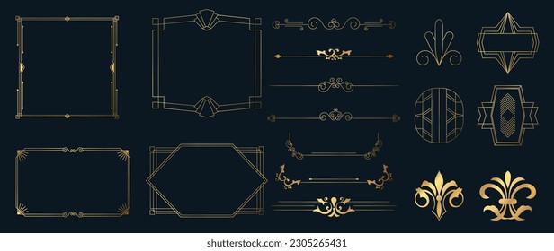 Collection of geometric art deco ornament. Luxury golden decorative elements with different lines, frames, headers, dividers and borders. Set of elegant design suitable for card, invitation, poster.