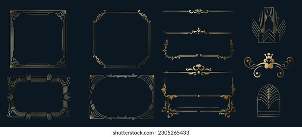 Collection of geometric art deco ornament. Luxury golden decorative elements with different lines, frames, headers, dividers and borders. Set of elegant design suitable for card, invitation, poster.