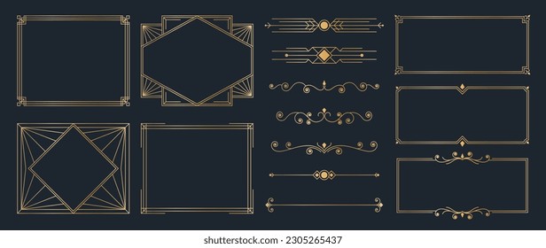 Collection of geometric art deco ornament. Luxury golden decorative elements with different lines, frames, headers, dividers and borders. Set of elegant design suitable for card, invitation, poster.