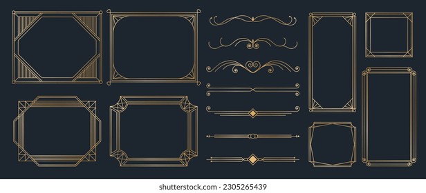 Collection of geometric art deco ornament. Luxury golden decorative elements with different lines, frames, headers, dividers and borders. Set of elegant design suitable for card, invitation, poster.