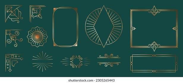 Collection of geometric art deco ornament. Luxury golden decorative elements with different lines, frames, headers, dividers and borders. Set of elegant design suitable for card, invitation, poster.