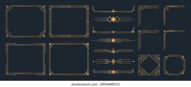 Collection of geometric art deco ornament. Luxury golden decorative elements with different lines, frames, headers, dividers and borders. Set of elegant design suitable for card, invitation, poster.