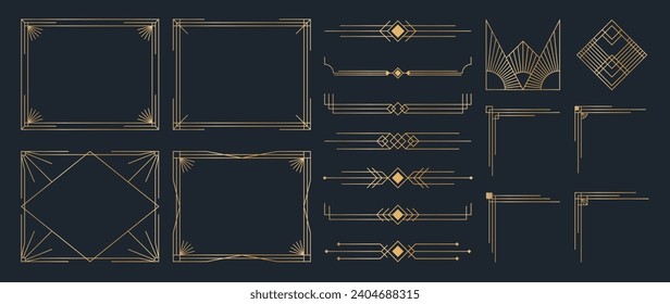 Kollektion von geometrischen Kunstdeko-Ornamenten. Luxuriöse goldene Dekorationselemente mit verschiedenen Linien, Rahmen, Kopfzeilen, Trenner und Ränder. Set von elegantem Design geeignet für Karte, Einladung, Poster.