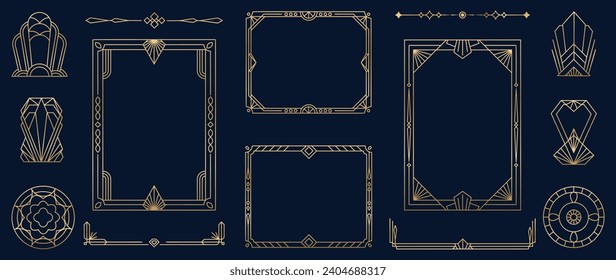 Collection of geometric art deco ornament. Luxury golden decorative elements with different lines, frames, headers, dividers and borders. Set of elegant design suitable for card, invitation, poster.