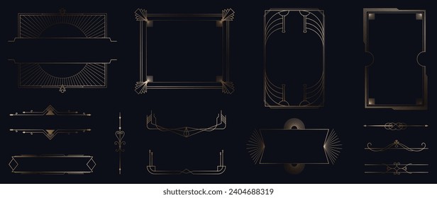 Collection of geometric art deco ornament. Luxury golden decorative elements with different lines, frames, headers, dividers and borders. Set of elegant design suitable for card, invitation, poster.