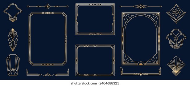 Collection of geometric art deco ornament. Luxury golden decorative elements with different lines, frames, headers, dividers and borders. Set of elegant design suitable for card, invitation, poster.