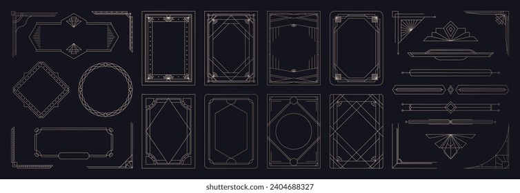 Collection of geometric art deco ornament. Luxury golden decorative elements with different lines, frames, headers, dividers and borders. Set of elegant design suitable for card, invitation, poster.