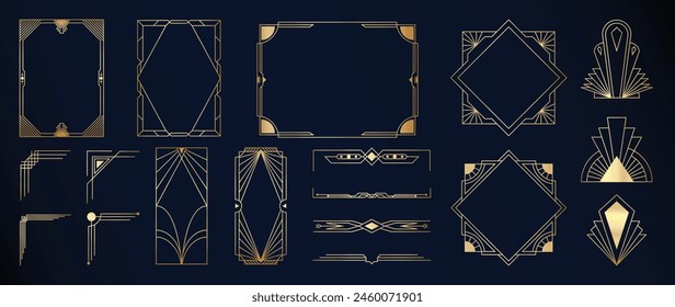 Collection of geometric art deco ornament. Luxury golden decorative element with different line, frame, headers, dividers, borders, gatsby. Set of elegant design suitable for card, invitation, poster.