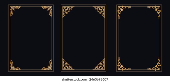 Collection of geometric art deco ornament, Vector set of linear frames and borders, Victorian style decor floral border, luxury royal antique wedding decorative emblem,