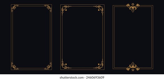 Collection of geometric art deco ornament, Vector set of linear frames and borders, Victorian style decor floral border, luxury royal antique wedding decorative emblem,