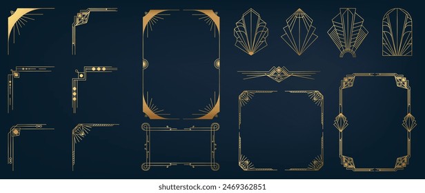 Collection of geometric art deco ornament. Luxury golden decorative elements with different lines, frames, headers, dividers, borders. Set of elegant design suitable for card, invitation, poster.