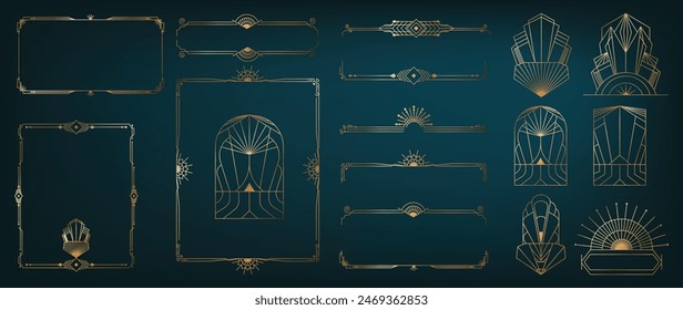 Collection of geometric art deco ornament. Luxury golden decorative elements with different lines, frames, headers, dividers, borders. Set of elegant design suitable for card, invitation, poster.