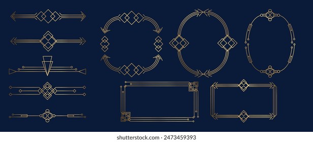 Collection of geometric art deco ornament. Luxury golden decorative elements with different lines, frames, headers, dividers, borders. Set of elegant design suitable for card, invitation, poster.