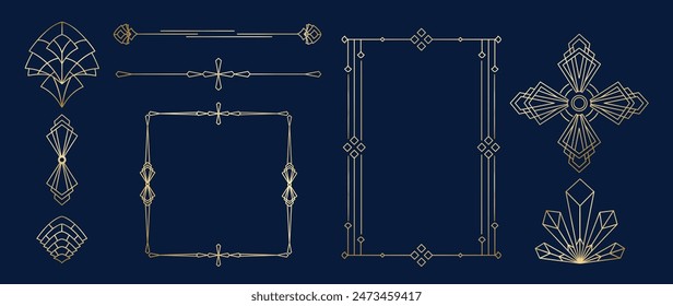 Colección de ornamento geométrico art deco. Elementos decorativos dorados de lujo con diferentes líneas, marcos, cabeceras, divisores, bordes. Conjunto de diseño elegante adecuado para tarjeta, invitación, póster.