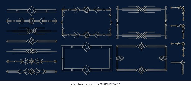 Collection of geometric art deco ornament. Luxury golden decorative element with different line, frame, headers, dividers, borders, gatsby. Set of elegant design suitable for card, invitation, poster.