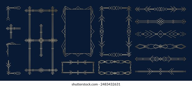 Kollektion des geometrischen Art-Deco-Ornaments. Luxus goldenes dekoratives Element mit verschiedenen Linien, Rahmen, Kopfzeilen, Trennlinien, Ränder, Gatsby. Set von elegantem Design geeignet für Karte, Einladung, Poster.