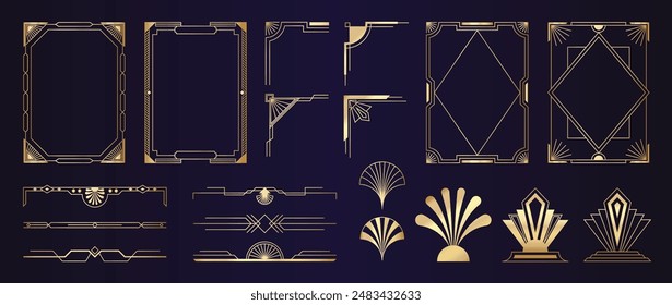 Collection of geometric art deco ornament. Luxury golden decorative element with different line, frame, headers, dividers, borders, gatsby. Set of elegant design suitable for card, invitation, poster.